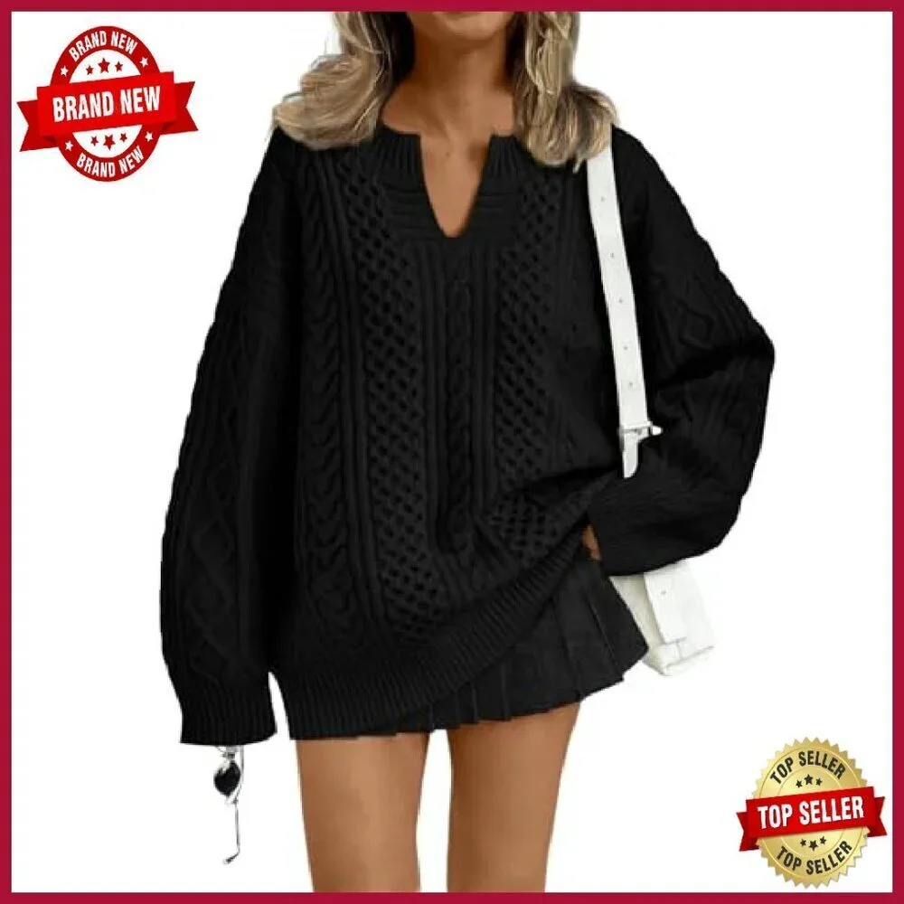 Oversized V-Neck Cable Knit Sweater Women's Cozy Winter Pullover_2